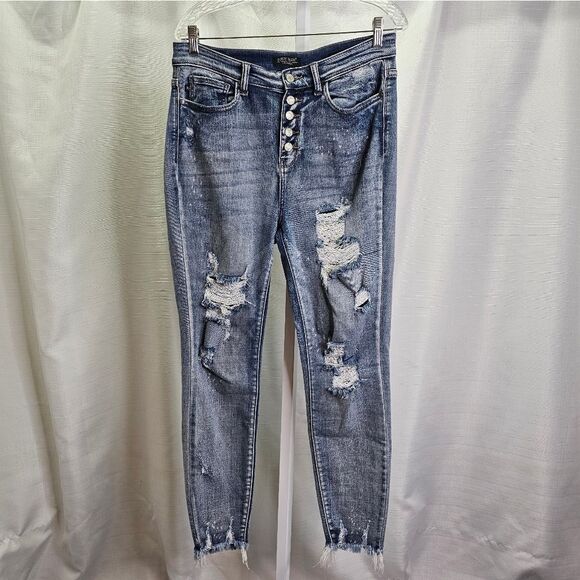 Judy Blue High Waist Button Fly Skinny Bleach Splash Jeans Size 11/30 - Picture 2 of 11